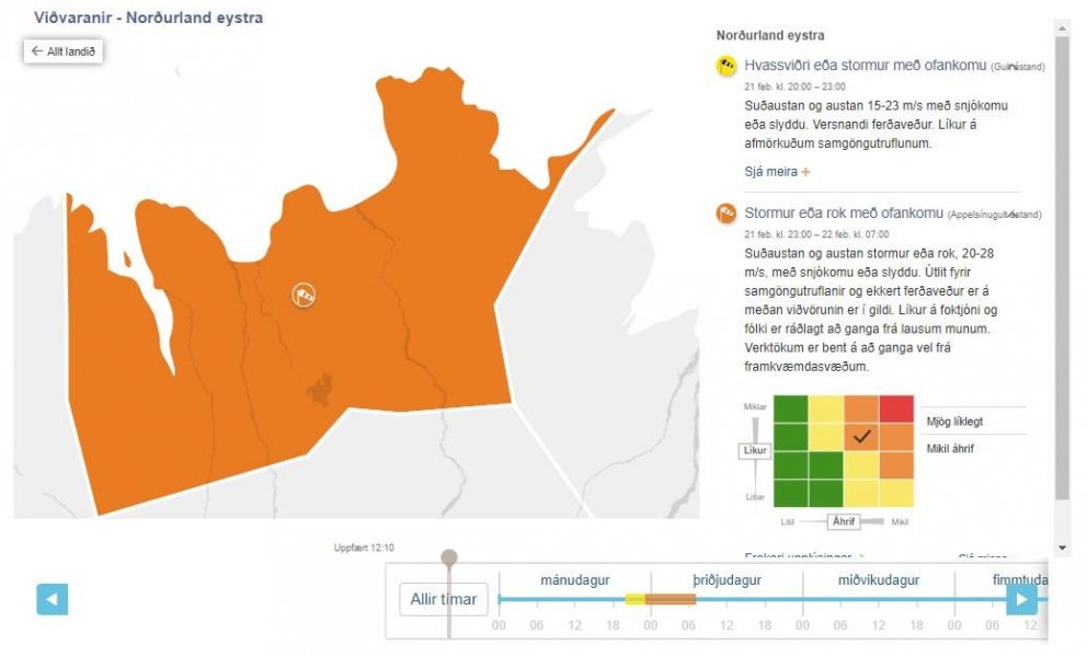 Spá: Stormur eða rok með ofankomu í nótt frá 23:00-07:00
