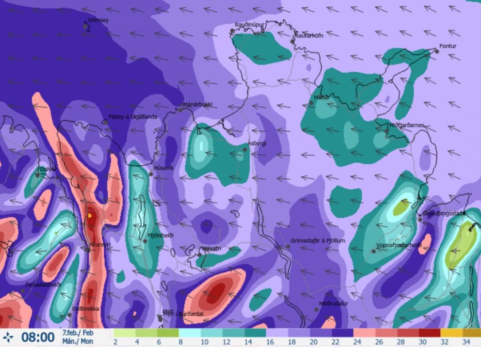 Stormur og mikil ofankoma á Eyjafjarðarsvæðinu á morgun mánudag.