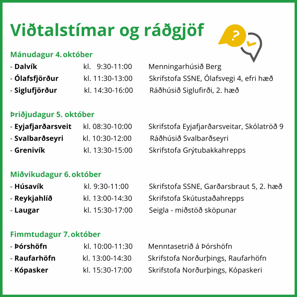 Viðtalstímar ráðgjafa SSNE í ráðhúsinu á Svalbarðseyri 05.10.21 næstkomandi