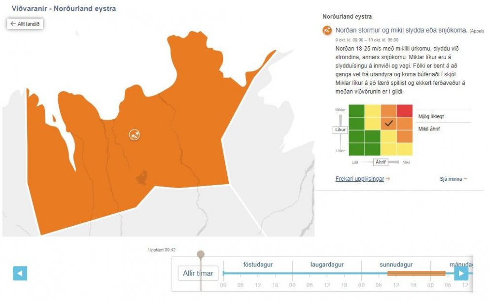 Vinsamlegast athugið. Fyrirhuguð er appelsínugul veðurviðvörun í gildi frá 9. okt kl. 09:00 - 10. ok…