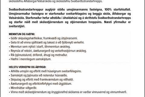 Svalbarðsstrandarhreppur auglýsir stöðu umsjónarmanns fasteigna Svalbarðsstrandarhrepps