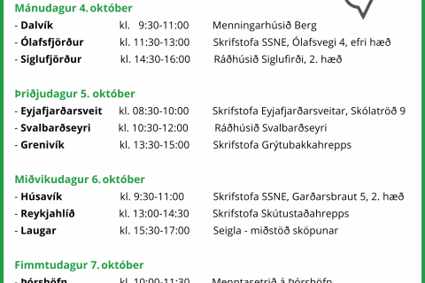 Viðtalstímar ráðgjafa SSNE í ráðhúsinu á Svalbarðseyri 05.10.21 næstkomandi
