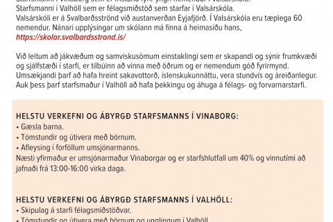 VALSÁRSKÓLI ÓSKAR EFTIR STARFSMÖNNUM Í HLUTASTÖRF